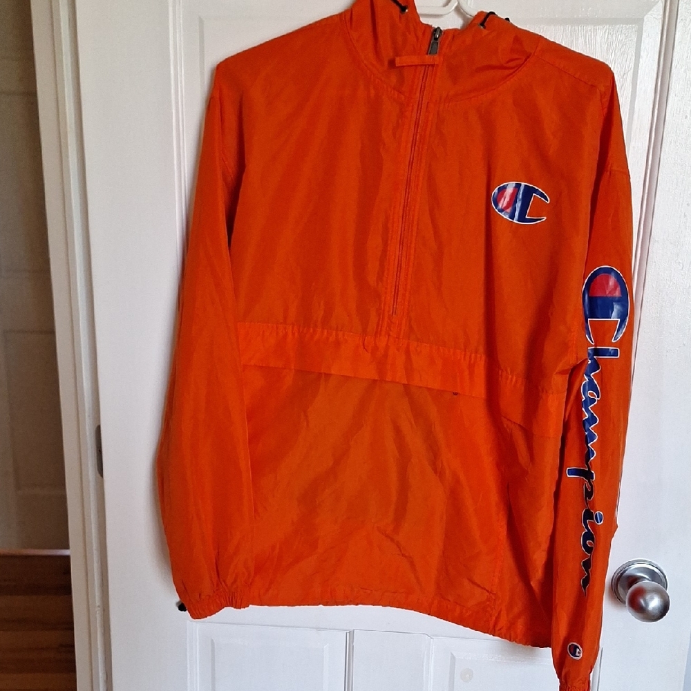 Champion Mens Orange Hooded Pullover with Script Sleeve Logo